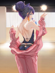 Rule 34 | 2girls, ass cutout, back, back focus, bare shoulders, black hair, blue eyes, butt crack, clothing cutout, from behind, gawr gura, hair bun, highres, hololive, hololive english, jacket, jacket partially removed, looking at viewer, looking back, mirror, mole, mole under eye, multiple girls, ninomae ina&#039;nis, pointy ears, solo focus, spotlight, tallgeese (lgeesel), tentacle hair, track jacket, v, virtual youtuber, white hair
