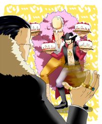 Rule 34 | 3boys, bad id, bad pixiv id, black hair, blonde hair, cake, crocodile (one piece), cross, devil fruit, donquixote doflamingo, dracule mihawk, faceless, facial hair, food, fruit, goatee, hat, in the face, jacket, jewelry, male focus, multiple boys, muscular, mustache, necklace, one piece, open clothes, open jacket, open shirt, pendant, pie, pie in face, pirate, ring, sand, scar, shirt, short hair, simple background, standing, strawberry, yui (kari)