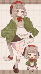 Rule 34 | 1girl, absurdres, animal ears, artist name, bell, beret, blazer, bow, bowtie, brown footwear, brown hair, cat ears, cat tail, chibi, green jacket, hand up, hat, highres, jacket, jikuno, open clothes, open jacket, open mouth, original, red bow, short hair, tail, wavy hair
