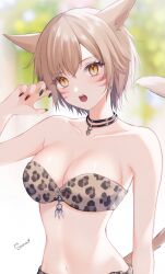 Rule 34 | 1girl, absurdres, animal ears, animal print, bare shoulders, bikini, black nails, blurry, blurry background, blush, breasts, cat ears, cat girl, cat tail, claw pose, commentary, facial mark, final fantasy, final fantasy xiv, hand up, highres, jewelry, large breasts, leopard print, light brown hair, looking at viewer, miqo&#039;te, navel, necklace, open mouth, orange eyes, sana (sanamaru 0w0), short hair, signature, solo, swimsuit, tail, warrior of light (ff14), whisker markings
