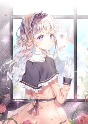 Rule 34 | 1girl, :o, bad id, bad pixiv id, black capelet, blush, brown dress, brown hair, brown headwear, capelet, commentary, commission, day, different reflection, dress, english commentary, flower, frilled capelet, frills, gloves, hands up, indoors, long hair, looking at viewer, looking back, original, parted lips, purple eyes, qlakwnd, red flower, red rose, reflection, rose, solo, thorns, very long hair, white gloves, window