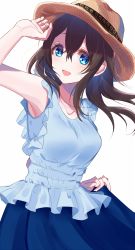 Rule 34 | 1girl, :d, arm up, armpits, bad id, bad pixiv id, bare arms, bare shoulders, blue eyes, blue shirt, blue skirt, blush, breasts, brown hair, brown hat, hair between eyes, hat, head tilt, idolmaster, idolmaster cinderella girls, jewelry, long hair, looking at viewer, medium breasts, misumi (macaroni), necklace, open mouth, pleated skirt, sagisawa fumika, shirt, simple background, skirt, sleeveless, sleeveless shirt, smile, solo, white background