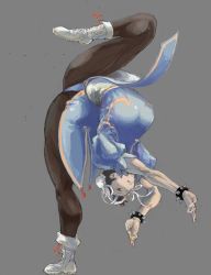 Rule 34 | 1girl, black pantyhose, blue dress, boots, bracelet, breasts, bun cover, capcom, china dress, chinese clothes, chun-li, double bun, dress, full body, grey background, hair bun, jewelry, large breasts, looking at viewer, pantyhose, pelvic curtain, puffy short sleeves, puffy sleeves, short sleeves, simple background, solo, spiked bracelet, spikes, standing, standing on one leg, street fighter, thighs, white footwear, ymr