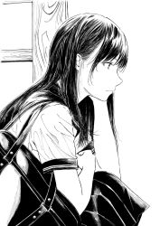 Rule 34 | 1girl, bag, closed mouth, commentary request, from side, greyscale, hand up, highres, hiwatari rin, knees up, long hair, looking away, monochrome, original, pleated skirt, profile, sailor collar, school bag, school uniform, serafuku, shirt, short sleeves, simple background, sitting, skirt, solo, white background