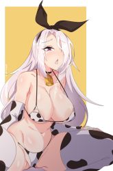 Rule 34 | 1girl, alternate costume, animal print, areola slip, azur lane, bell, bikini, blush, breasts, cow print, cowbell, dripping, drooling, hair over one eye, highres, large breasts, long hair, myumi, neck bell, prinz heinrich (azur lane), red eyes, saliva, simple background, solo, spread legs, squatting, string bikini, swimsuit, thighhighs, two-tone background, white background, white hair, yellow background