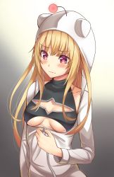 Rule 34 | 1girl, blonde hair, blush, breasts, character cutout, collarbone, commentary, english commentary, highres, jacket, kaptivate, konjiki no yami, long hair, long sleeves, open clothes, red eyes, small breasts, solo, to love-ru, to love-ru darkness, upper body, very long hair, wavy mouth, white jacket