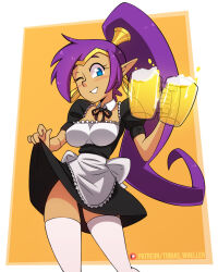 Rule 34 | 1girl, alcohol, apron, beer, beer mug, black dress, black ribbon, blue eyes, blush, breasts, circlet, clothes lift, collar, dark-skinned female, dark skin, dress, earrings, hair ornament, high ponytail, holding clothes, holding skirt, jewelry, long hair, looking at viewer, maid, maid apron, medium breasts, mug, multicolored background, one eye closed, patreon username, pointy ears, ponytail, purple hair, ribbon, shantae, shantae (series), simple background, skirt, skirt lift, smile, solo, thighhighs, tobias wheller, very long hair, white background, white thighhighs, wink, yellow background