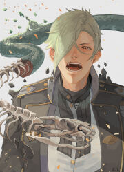 Rule 34 | 1boy, animal skeleton, black jacket, chinese commentary, commentary request, dated commentary, fangs, green hair, hair between eyes, hair over one eye, hizamaru (touken ranbu), jacket, looking at viewer, male focus, military, military uniform, open mouth, shirt, short hair, signature, skeleton snake, snake, solo, teeth, tongue, touken ranbu, uniform, upper body, white shirt, yellow eyes, zi tsas