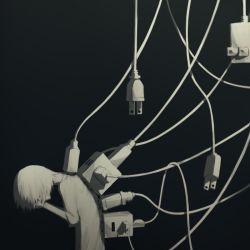 Rule 34 | 1boy, avogado6, black background, charger, commentary request, covering face, depressed, electric plug, hair over eyes, hand on own face, looking down, male focus, monochrome, original, shirt, short hair, short sleeves, simple background, solo