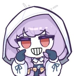 Rule 34 | 1girl, amedrama, atsuko (blue archive), blue archive, braid, chibi, clenched teeth, eyebrows hidden by hair, grin, hair between eyes, hand on own cheek, hand on own face, hood, jitome, purple hair, simple background, smile, solo, teeth, upper body, white background