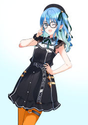 Rule 34 | 1girl, absurdres, adjusting eyewear, belt, beret, bespectacled, blue eyes, blue hair, casual, commentary, english commentary, glasses, hair between eyes, hat, highres, hololive, hoshimachi suisei, hoshimachi suisei (streetwear), nail polish, nonbire, one eye closed, open mouth, sleeveless, thigh strap, virtual youtuber, white background