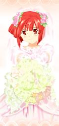 Rule 34 | aizawa eiko, bad id, bad pixiv id, bouquet, dress, flower, red eyes, red hair, shiguko, shinryaku! ikamusume, short hair, solo, veil, wedding dress