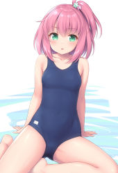 Rule 34 | 1girl, arm support, bare arms, blush, breasts, covered navel, green eyes, looking at viewer, one-piece swimsuit, one side up, original, parted lips, pink hair, reclining, sasaame, school swimsuit, small breasts, solo, swimsuit