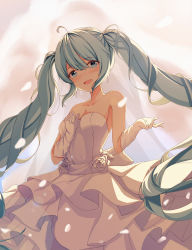 Rule 34 | 1girl, absurdres, ahoge, backlighting, bare shoulders, blush, bride, chinese commentary, collarbone, commentary, cowboy shot, dress, dress flower, elbow gloves, gloves, hand up, hatsune miku, highres, huge filesize, layered dress, long hair, looking at viewer, miyu10366, open mouth, petals, reaching, smile, solo, standing, strapless, strapless dress, twintails, very long hair, vocaloid, wedding dress, white dress, white gloves
