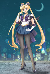 Rule 34 | 1girl, back bow, bishoujo senshi sailor moon, blonde hair, blue eyes, blue sailor collar, blue skirt, bow, bowtie, circlet, cityscape, corruption, crescent, crescent earrings, crescent moon, dark persona, double bun, earrings, elbow gloves, gloves, gold earrings, hair bun, high heels, highres, jewelry, koya, long hair, miniskirt, moon, night, outdoors, pantyhose, parted bangs, pleated skirt, purple bow, purple bowtie, sailor collar, sailor moon, shirt, short sleeves, skirt, solo, tsukino usagi, twintails, very long hair, white gloves, white shirt