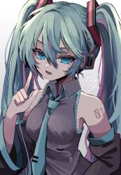 Rule 34 | 1girl, bare shoulders, between breasts, black sleeves, blue eyes, blue hair, blue necktie, breasts, collared shirt, detached sleeves, frilled shirt, frills, grey shirt, hair between eyes, hair ornament, hand up, hatsune miku, headset, highres, index finger raised, large breasts, long hair, long sleeves, looking at viewer, lower teeth only, microphone, multicolored hair, naguno-0713, necktie, necktie between breasts, number tattoo, open mouth, pink hair, shirt, sidelocks, sleeveless, sleeveless shirt, solo, streaked hair, tattoo, teeth, tie clip, twintails, two-tone hair, upper body, v-shaped eyebrows, very long hair, vocaloid, wing collar