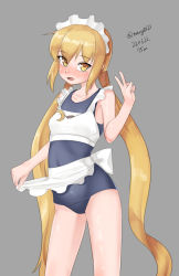 Rule 34 | 1girl, absurdres, alternate costume, apron, blonde hair, blue one-piece swimsuit, braid, cowboy shot, dated, enmaided, flat chest, grey background, highres, kantai collection, long hair, maid, maid headdress, maru (marg0613), old school swimsuit, one-piece swimsuit, satsuki (kancolle), school swimsuit, simple background, solo, standing, swimsuit, twin braids, twintails, waist apron, white apron, yellow eyes