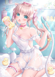 Rule 34 | 1girl, :o, animal ears, apron, aqua eyes, bathroom, bathtub, bell, blonde hair, blush, bow, breasts, bubble, cat ears, cat girl, cat tail, cleavage, collarbone, foam, hair ribbon, highres, holding, holding shower head, holding sponge, jingle bell, kohinata hoshimi, long hair, looking at viewer, naked apron, neck ribbon, on floor, original, ribbon, rubber duck, see-through, seiza, shower head, sitting, small breasts, soap bubbles, sponge, tail, tail bow, tail ornament, thigh strap, twintails, water, wet, wet clothes