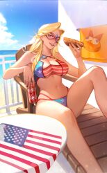 Rule 34 | 1girl, absurdres, american flag, american flag bikini, american flag print, bare arms, bare legs, bare shoulders, beach, beach chair, bikini, blonde hair, blue eyes, blue sky, breasts, can, chair, cleavage, cleavage cutout, clothing cutout, cloud, cloudy sky, collarbone, commentary, day, drink can, eye mask, eyelashes, flag, flag print, food, garfield, garfield (character), grin, hair intakes, highres, holding, holding can, holding food, hot dog, impossible clothes, impossible swimsuit, kamen america, kamen america (comic), knee up, large breasts, light particles, limart, long hair, looking at viewer, lounge chair, midriff, navel, ocean, outdoors, print bikini, print towel, reclining, sky, smile, soda can, solo, star (symbol), star cutout, star print, summer, swimsuit, symbol-only commentary, table, towel