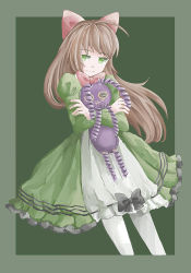 Rule 34 | 1girl, :&gt;, ahoge, border, bow, bowtie, brown hair, closed mouth, crossed arms, dress, elisabeth faust, fausts alptraum, featherwings24, green background, green dress, hair bow, juliet sleeves, long hair, long sleeves, hugging object, outside border, pantyhose, puffy sleeves, red bow, red bowtie, simple background, solo, stuffed animal, stuffed toy, very long hair, white pantyhose
