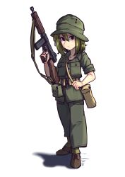 Rule 34 | 1girl, absurdres, ammunition pouch, bag, belt, blonde hair, boonie hat, boots, breast pocket, buttons, collarbone, commentary, finger on trigger, gaiters, green hat, green jacket, green pants, gun, gun sling, hat, highres, holding, holding gun, holding weapon, jacket, long sleeves, looking at viewer, magazine (weapon), medium hair, military, military hat, military uniform, original, pants, pocket, pouch, shadow, shoulder bag, simple background, sleeves rolled up, soldier, solo, submachine gun, thompson submachine gun, uniform, united kingdom, united states army, warriordesu, weapon, white background, world war ii