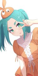 Rule 34 | 1girl, absurdres, aqua hair, camui1104, commentary, dress, googly eyes, green eyes, hand up, hat, head tilt, highres, looking at viewer, medium hair, monogatari (series), ononoki yotsugi, open mouth, orange dress, orange hat, out of frame, puffy short sleeves, puffy sleeves, short sleeves, simple background, solo, thick eyebrows, twintails, upper body, v, v over eye, white background