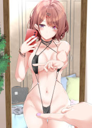 Rule 34 | 1girl, absurdres, bag, blush, breasts, brown hair, cellphone, choker, closed mouth, collarbone, covered erect nipples, covering crotch, covering privates, full-length mirror, hair ornament, hairclip, halterneck, handbag, has bad revision, has downscaled revision, highres, higuchi madoka, idolmaster, idolmaster shiny colors, indoors, large breasts, md5 mismatch, meme, mirror, mole, mole under eye, nail polish, navel, one-piece swimsuit, one finger selfie challenge (meme), phone, purple eyes, purple nails, reflection, resolution mismatch, revealing clothes, selfie, shirosuzu, short hair, sidelocks, slingshot swimsuit, smartphone, solo, source smaller, swimsuit