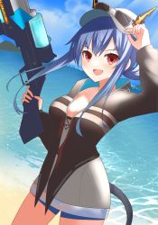 Rule 34 | 1girl, :d, arknights, beach, blue hair, blue shorts, blurry, bokeh, breasts, ch&#039;en (arknights), ch&#039;en the holungday (arknights), cleavage, collarbone, commentary request, cowboy shot, depth of field, dragon girl, dragon horns, dragon tail, eyewear on head, hair between eyes, hand up, hat, highres, holding, holding water gun, hood, hood down, horns, horns through headwear, kuwan4971, legs apart, medium breasts, mountain, ocean, official alternate costume, open mouth, outdoors, ponytail, red eyes, sand, shorts, sidelocks, sky, smile, solo, sparkle, summer, sunglasses, swimsuit, tail, v-shaped eyebrows, water gun