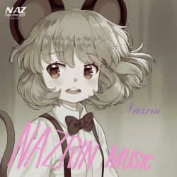 Rule 34 | 1girl, animal ears, blush, bow, bowtie, character name, commentary request, cosplay, grey background, grey hair, iris anemone, long sleeves, mouse ears, mouse tail, muted color, nazrin, open mouth, parody, red eyes, shirt, short hair, solo, suspenders, sweetest music, tail, takeuchi mariya, touhou, upper body, white shirt