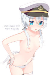 Rule 34 | 10s, 1girl, adjusting clothes, adjusting panties, blue eyes, blush, bow, bow panties, breasts, cat tail, collarbone, embarrassed, eyes visible through hair, gloves, hair between eyes, hard-translated, hat, hibiki (kancolle), highres, jyt, kantai collection, leaning forward, long hair, low twintails, navel, nipples, open mouth, panties, peaked cap, side-tie panties, small breasts, tail, thighhighs, thighs, third-party edit, topless, translated, twintails, underwear, underwear only, white gloves, white hair, white panties