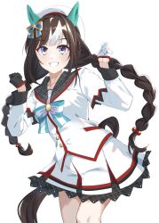 Rule 34 | 1girl, absurdres, animal ears, asymmetrical gloves, black gloves, bow, braid, brown hair, commentary request, ear bow, ear covers, gloves, grin, highres, hokko tarumae (umamusume), horse ears, horse girl, horse tail, jacket, long hair, looking at viewer, mismatched gloves, multicolored hair, partial commentary, shikaya, simple background, skirt, smile, solo, streaked hair, striped, striped bow, tail, teeth, twin braids, umamusume, very long hair, white background, white gloves, white hair, white headwear, white jacket, white skirt