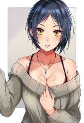 Rule 34 | 1girl, absurdres, bare shoulders, black hair, blush, border, bra strap, breasts, brown eyes, cleavage, clothes pull, collarbone, commentary request, grey sweater, hasumushi, hayami kanade, highres, idolmaster, idolmaster cinderella girls, jewelry, large breasts, necklace, parted bangs, purple background, ribbed sweater, short hair, smile, solo, sweater, sweater pull, upper body, white border
