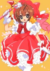 Rule 34 | 1girl, :d, absurdres, antenna hair, bow, bowtie, brown hair, cardcaptor sakura, cowboy shot, creature, dress, frills, fuuin no tsue, glove bow, gloves, green eyes, hat, hat bow, highres, holding, holding wand, kero (cardcaptor sakura), kinomoto sakura, kodama (marugoto omikan), looking at viewer, magical girl, open mouth, pink bow, pink dress, pink headwear, puffy sleeves, red bow, short hair, simple background, smile, standing, thick eyebrows, wand, white bow, white gloves, white wings, wings, yellow background