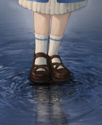 Rule 34 | 1girl, ankle socks, black footwear, dress, feet only, footwear focus, highres, lin mas, long dress, marcus (reverse:1999), mary janes, reflection, reflective water, reverse:1999, ripples, shoes, socks, solo, standing, standing on liquid, water, white dress, white socks