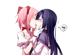 Rule 34 | !?, 10s, 2girls, akemi homura, azmodan, black hair, blush, closed eyes, clothes grab, couple, female focus, french kiss, gloves, hairband, hand on another&#039;s cheek, hand on another&#039;s face, kaname madoka, kiss, long hair, magical girl, mahou shoujo madoka magica, mahou shoujo madoka magica (anime), multiple girls, pink hair, purple hair, short hair, simple background, surprised, tongue, twintails, upper body, white background, yuri
