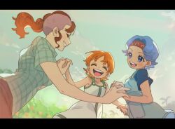 Rule 34 | 3girls, aged down, bare shoulders, bellemere, blue hair, blue overalls, blue shirt, blue sky, blush, blush stickers, child, closed eyes, cloud, cloudy sky, day, dress, family, female focus, floating hair, food, fruit, green trim, grin, happy, headband, highres, holding hands, interlocked fingers, laughing, letterboxed, looking at another, mandarin orange, matching hair/eyes, mohawk, mother and daughter, multiple girls, nami (one piece), nojiko, official alternate costume, official alternate hair length, official alternate hairstyle, one piece, open mouth, orange hair, outdoors, overalls, palm tree, parted lips, pink hair, ponytail, profile, shirt, short hair, short sleeves, siblings, sisters, sky, smile, tareme, teeth, tree, upper body, upper teeth only, ususmomo, white dress