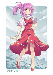 Rule 34 | 1girl, ahoge, cloud, colonel aki, commentary request, dress, hand on own hip, looking at viewer, mountain, pink hair, red dress, red eyes, red footwear, sara (touhou), shoes, short sleeves, side ponytail, skirt, sky, solo, touhou, translation request, tree
