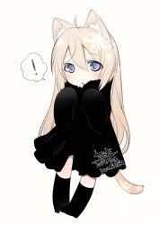 Rule 34 | !, 1girl, ahoge, animal ears, black dress, black socks, blonde hair, blue eyes, blush, cat ears, cat tail, chestnut mouth, chibi, commentary request, dress, full body, kneehighs, konshin, long hair, looking at viewer, original, pigeon-toed, simple background, sleeves past fingers, sleeves past wrists, socks, solo, spoken exclamation mark, standing, tail, white background