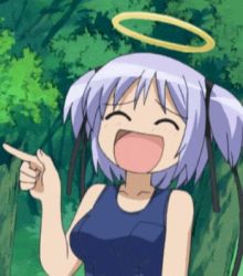 Rule 34 | 00s, 1girl, angel, animated, animated gif, bokusatsu tenshi dokuro-chan, closed eyes, halo, laughing, lowres, mitsukai dokuro, one-piece swimsuit, open mouth, pointing, school swimsuit, screencap, solo, swimsuit, twintails, two side up