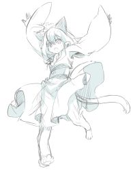 Rule 34 | 1girl, animal ears, aqua theme, blue theme, cat ears, cat girl, cat tail, female focus, full body, looking at viewer, mono (nekogoya), monochrome, open mouth, original, simple background, sketch, solo, tail, white background