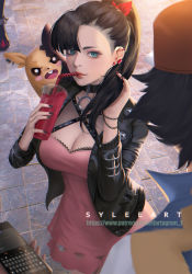 Rule 34 | 1boy, 1girl, aged up, alternate hairstyle, aqua eyes, artist name, asymmetrical bangs, bad id, bad pixiv id, black choker, black hair, black jacket, black nails, breasts, cellphone, choker, cleavage, closed mouth, commentary request, creatures (company), cup, dress, drink, drinking, drinking straw, ear piercing, game freak, gen 1 pokemon, gen 8 pokemon, highres, holding, holding cup, holding phone, jacket, lace, lace-trimmed dress, lace trim, long hair, long sleeves, marnie (pokemon), medium breasts, mixed-language commentary, morpeko, morpeko (full), multicolored nails, nail polish, nintendo, open clothes, open jacket, outdoors, phone, piercing, pikachu, pink dress, pink lips, pokemon, pokemon (anime), pokemon (creature), pokemon journeys, pokemon swsh, ponytail, red headwear, red nails, smartphone, smile, solo focus, stone wall, thaumazo, wall
