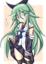 Rule 34 | 10s, 1girl, clothes lift, detached sleeves, green hair, hair between eyes, highres, kantai collection, lifting own clothes, long hair, looking at viewer, ribbon, sketch, skirt, skirt lift, solo, tamayan, thighhighs, translated, yamakaze (kancolle)