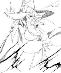 Rule 34 | 1girl, breasts, cape, character request, cleavage, fingernails, greyscale, hair over one eye, hat, huge breasts, long fingernails, monochrome, npa (sirokurokuma), puffy sleeves, smile, solo, witch hat