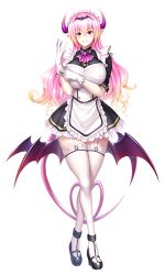 Rule 34 | 1girl, absurdres, asahi, blush, breasts, demon girl, demon horns, demon tail, demon wings, full body, highres, horns, large breasts, long hair, maid, mireille (taimanin asagi), nipples, official art, panties, pantyhose, pink eyes, pink hair, pointy ears, simple background, solo, tail, taimanin (series), taimanin rpgx, tongue, tongue out, underwear, wings
