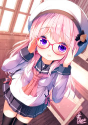 Rule 34 | 1girl, :d, beret, black bow, black sailor collar, black skirt, black thighhighs, blurry, blurry background, blush, bow, breasts, chinomaron, commentary request, depth of field, glasses, hands up, hat, highres, indoors, long hair, long sleeves, looking at viewer, open mouth, original, pink hair, pink neckwear, pleated skirt, red-framed eyewear, sailor collar, school uniform, serafuku, shirt, signature, skirt, small breasts, smile, solo, standing, thighhighs, very long hair, white hat, white shirt, window