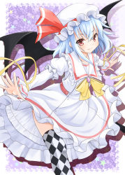 Rule 34 | 1girl, argyle, argyle clothes, argyle legwear, bat wings, blue hair, brooch, dress, fang, fang out, fujishima shinnosuke, hat, hat ribbon, jewelry, juliet sleeves, layered sleeves, long sleeves, looking at viewer, mob cap, outstretched arms, patterned background, puffy sleeves, purple background, red eyes, remilia scarlet, ribbon, shadow, short hair, smile, solo, spread arms, thighhighs, touhou, white dress, wings, wrist ribbon