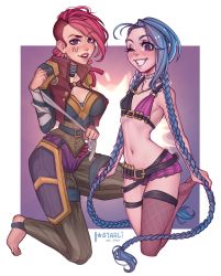 Rule 34 | 2girls, absurdres, artist name, asymmetrical hair, bare shoulders, barefoot, braid, breasts, brown pants, bullet, character name, cleavage, fishnet thighhighs, fishnets, grin, hand up, highres, jinx (league of legends), kneeling, large breasts, league of legends, long hair, micro shorts, multicolored background, multiple girls, navel, no shoes, one eye closed, pants, pink eyes, pink shorts, red hair, shorts, shoulder plates, siblings, sidecut, single thighhigh, sisters, small breasts, smile, starli (starlianechan), stomach, striped clothes, striped pants, teeth, thighhighs, twin braids, twintails, undercut, very long hair, vi (league of legends)