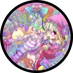 Rule 34 | 1girl, absurdres, alternate costume, bad id, bad nicoseiga id, bare shoulders, bird, chair, female focus, flandre scarlet, hat, highres, looking at viewer, red eyes, shunsuke, solo, striped clothes, striped thighhighs, stuffed animal, stuffed toy, teapot, teddy bear, thighhighs, touhou, wings
