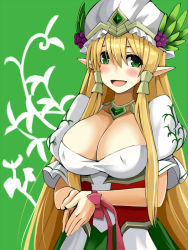 Rule 34 | 1girl, :d, bad id, bad pixiv id, blonde hair, blush, bow, breasts, cleavage, collarbone, dress, food, freyja (p&amp;d), fruit, grapes, green background, green eyes, hat, jewelry, kosuke (bb), large breasts, leaf, long hair, lots of jewelry, mob cap, open mouth, own hands together, pink bow, plant, pointy ears, puffy short sleeves, puffy sleeves, puzzle &amp; dragons, short sleeves, smile, solo, very long hair, wristband