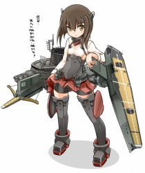 Rule 34 | 10s, 1girl, bike shorts, blush, bow (weapon), brown eyes, brown hair, crossbow, flat chest, headband, headgear, kantai collection, karukan (monjya), looking at viewer, open mouth, personification, pleated skirt, short hair, skirt, solo, taihou (kancolle), thighhighs, translation request, weapon